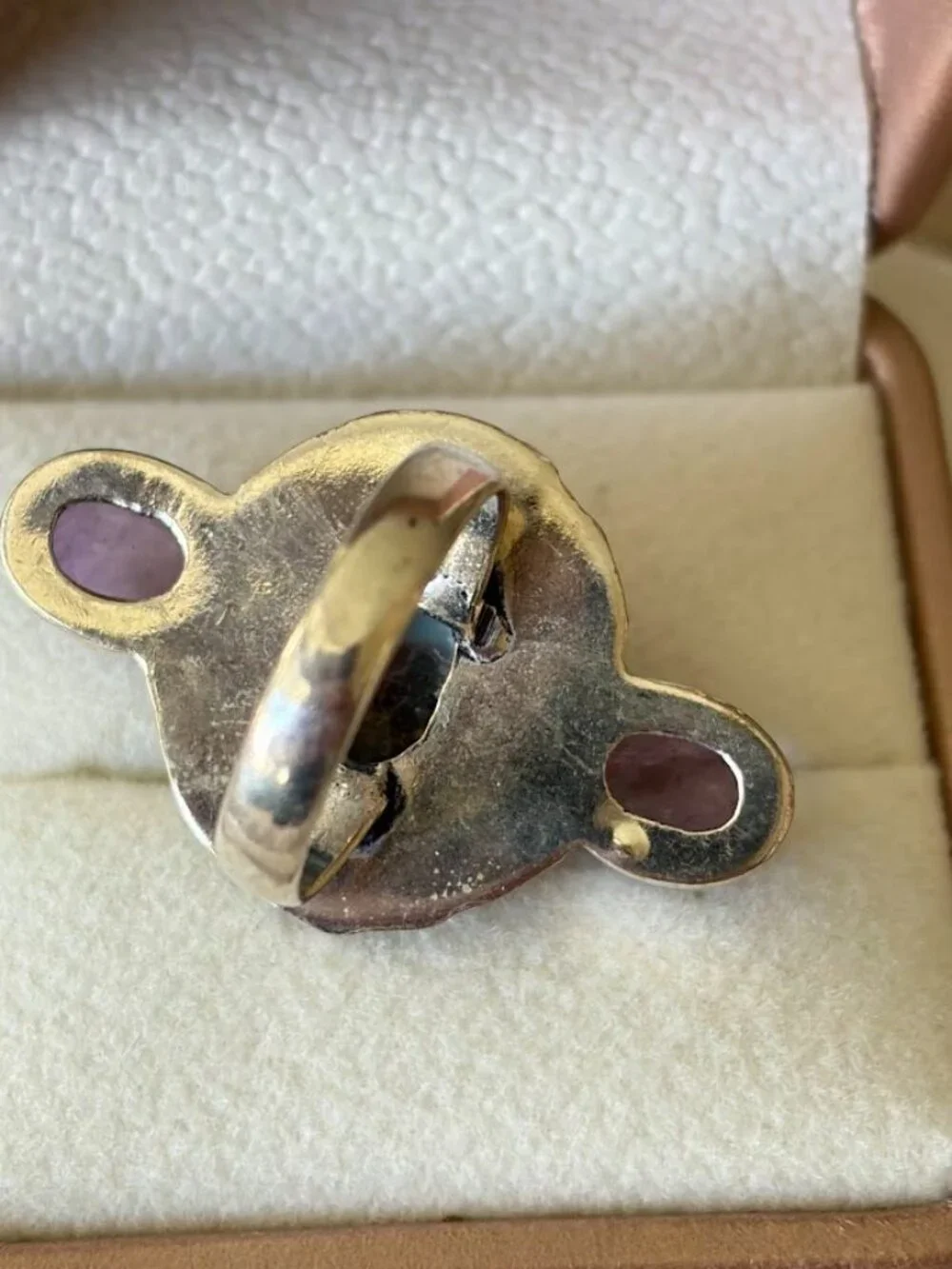 Larimar and Amethyst Tri-Stone Statement Ring 925 Silver Plated - Size 6.75